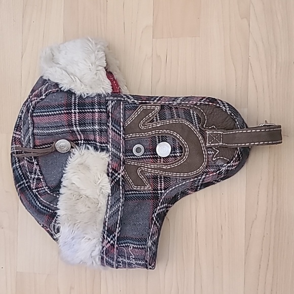 TRUE RELIGION TRAPPER HAT Cap Lined Plaid Faux Fur RED Gray S/M - Picture 3 of 6